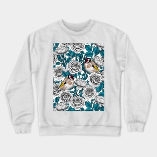 White rose flowers and goldfinch birds Crewneck Sweatshirt